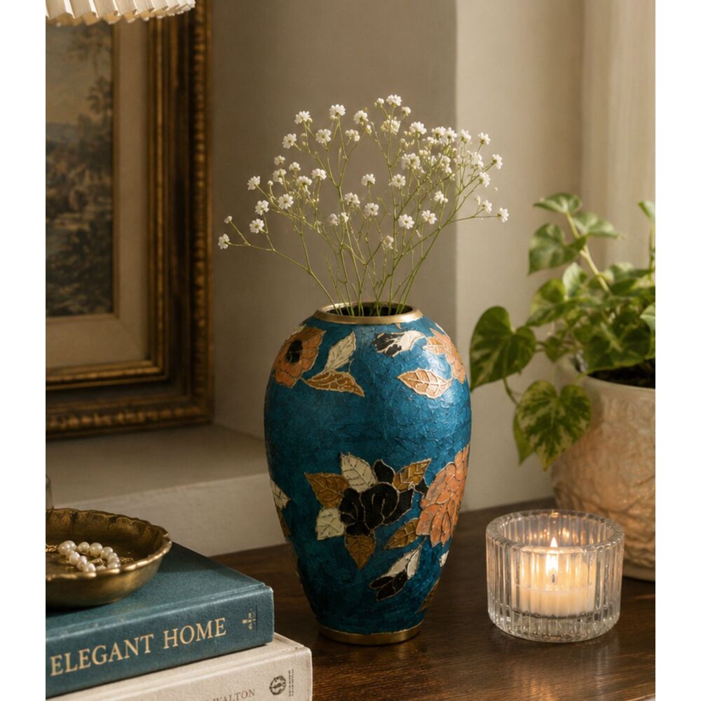 Vintage Hand Painted Brass Vase | Artisan Metal Bud Hollywood Regency Decor